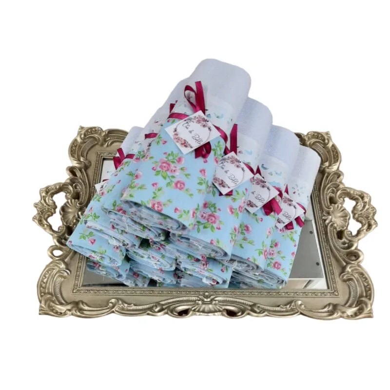 Pano de prato lembrancinha de chá de panela Floral Azul e Rosa