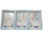 petisqueira de pascoa formato de coelho azul claro 3 divisorias