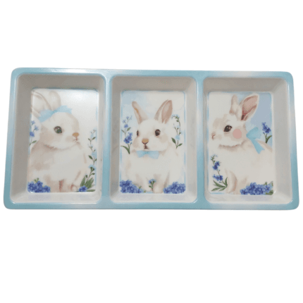 petisqueira de pascoa formato de coelho azul claro 3 divisorias