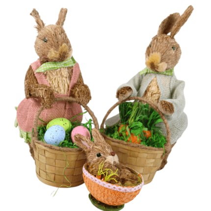 conjunto de coelhos decorativos pascoa 3 pecas rustico