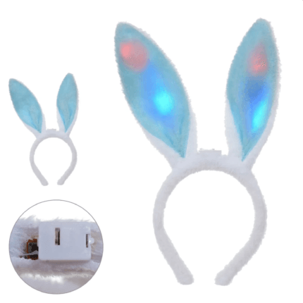 tiara de orelhas de coelho com led em pelucia branca pascoa