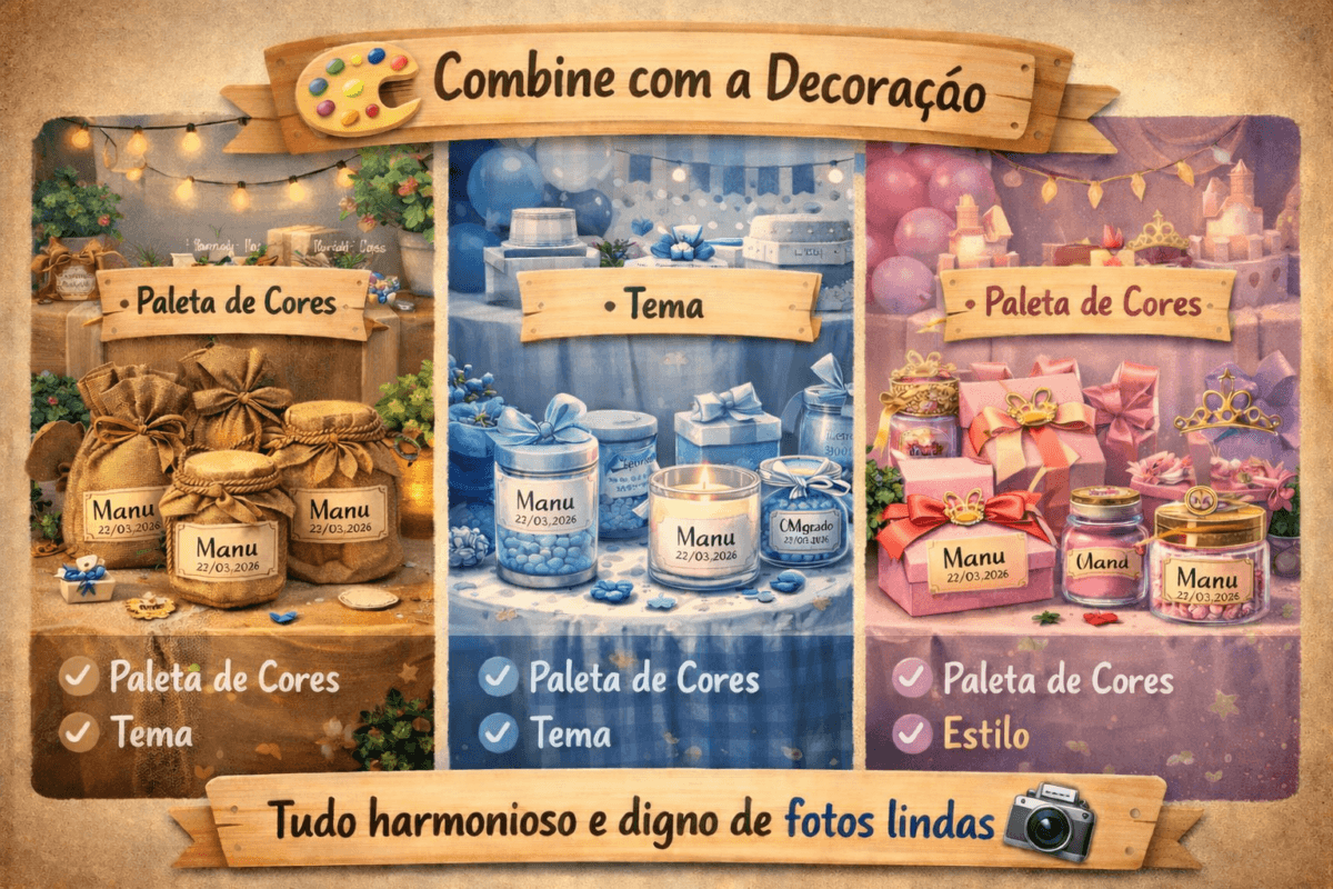 Ilustração de lembrancinhas personalizadas com o nome Manu e data 22/03/2026, organizadas em estilos rústico, moderno e princesa, mostrando a combinação com a decoração da festa