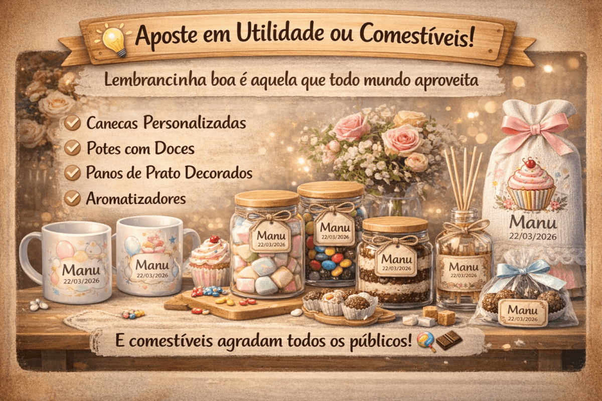 Lembrancinhas de aniversário úteis e comestíveis como canecas personalizadas, potes com doces, panos de prato decorados e aromatizadores, todas com o nome Manu e data 22/03/2026