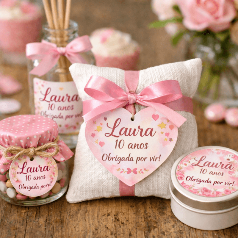 Lembrancinhas de aniversário personalizadas com o nome Laura, 10 anos, e a frase Obrigada por vir, incluindo pote de doces, almofada decorativa, aromatizador e latinha