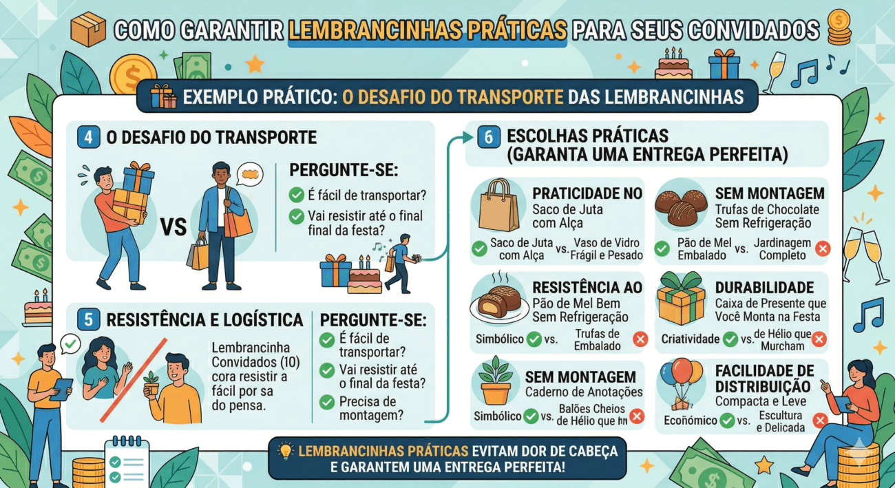 Uma infografia colorida e moderna com o título 'TENDÊNCIAS DE LEMBRANCINHAS DE ANIVERSÁRIO PARA 2026: SUSTENTABILIDADE & EXPERIÊNCIA'. A imagem mantém o estilo de quadro de planejamento das anteriores, dividida em seções que exploram o futuro das festas:LOGÍSTICA ECO-CONSCIENTE: Mostra a ilustração de um drone entregando um pacote e um homem pensando. O texto destaca embalagens 100% biodegradáveis e entregas via micro-mobilidade (drones e bikes elétricas), priorizando a redução da pegada de carbono frente ao excesso de plástico.EXPERIÊNCIA DO CONVIDADO NO TRANSPORTE: Ilustra pessoas carregando lembranças de forma fácil. O texto explica que a lembrancinha faz parte da experiência, favorecendo kits compactos e leves em vez de itens frágeis que geram 'dor de cabeça logística'.KITS DE AUTO-CUIDADO SUSTENTÁVEIS E 'PHYGITAL': Uma coluna com exemplos inovadores:Mini-Spa em Caixa de Sementes Plantável: Itens eco-simbólicos vs. plásticos descartáveis.Experiências Digitais (AR/VR): Acesso a conteúdo de Realidade Aumentada e mini-gadgets vestíveis vs. lembrancinhas estáticas.Convites e Lembranças Integradas: Uso de QR Codes para resgate da lembrancinha, focando em conveniência e redução de desperdício de papel.Entrega Inteligente & Personalizada: Rastreio de qualidade e micro-localização de fornecedores.O rodapé da imagem traz a frase: '💡 O FUTURO ESTÁ NO EQUILÍBRIO ENTRE IMPACTO AMBIENTAL E EXPERIÊNCIA DO CONVIDADO. FAÇA ESCOLHAS CONSCIENTES E INOVADORAS!'. O design é vibrante, decorado com ícones de festa, dinheiro, e elementos naturais."