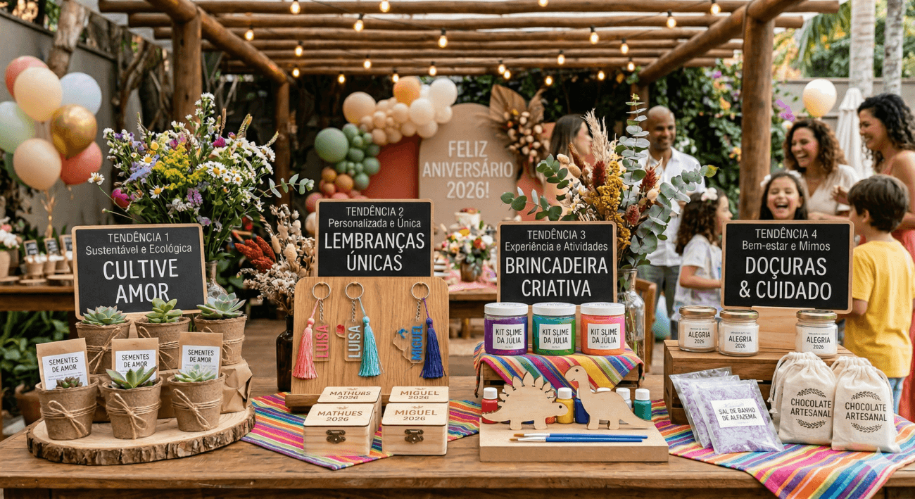 Uma imagem fotográfica vibrante e bem iluminada de uma festa de aniversário ao ar livre, mostrando uma mesa de presentes ricamente decorada sob uma pérgula de madeira coberta por luzes. Quatro estações temáticas de lembrancinhas são marcadas por placas de ardósia com textos em português. A Estação 1, "Sustentável e Ecológica", apresenta vasos de turfa com suculentas e pacotes de sementes, com a placa maior dizendo "CULTIVE AMOR" e as menores "SEMENTES DE AMOR". A Estação 2, "Personalizada e Única", exibe chaveiros personalizados em um suporte de madeira com nomes como "LUISA" e "MIGUEL", caixas de madeira com os anos "2020" e "2026", e a placa diz "LEMBRANÇAS ÚNICAS". A Estação 3, "Experiência e Atividades", oferece potes coloridos de "KIT SLIME DA JÚLIA" e recortes de dinossauros de madeira para pintar, com a placa dizendo "BRINCADEIRA CRIATIVA". A Estação 4, "Bem-estar e Mimos", apresenta sabonetes em potes de vidro com rótulos de "ALEGRIA" e "2026", sais de banho e sacolas de tecido com "CHOCOLATE ARTESANAL", com a placa dizendo "DOÇURAS & CUIDADO". Ao fundo, um grande banner diz "FELIZ ANIVERSÁRIO 2026!", rodeado por balões de cores pastel e coral. Convidados, adultos e crianças, estão reunidos e sorrindo à distância, criando uma atmosfera festiva e alegre. A mesa é coberta por um pano de listras coloridas, e arranjos de flores silvestres e secas estão presentes. A cena é capturada em um ângulo médio, com iluminação natural e suave.