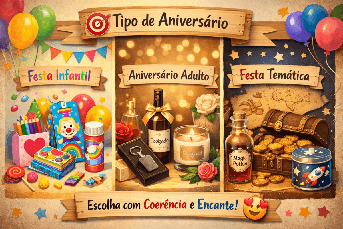 Ilustração mostrando exemplos de lembrancinhas para festas infantis coloridas, aniversários adultos elegantes e festas temáticas, destacando a importância de escolher conforme o tipo de aniversário