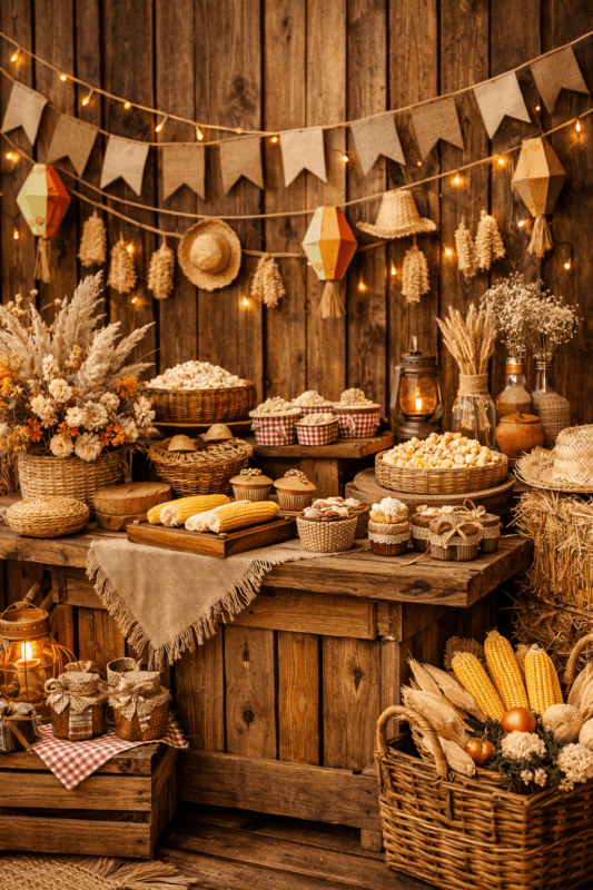 decoração festa junina 2026 com elementos naturais como madeira palha e flores secas em estilo rústico