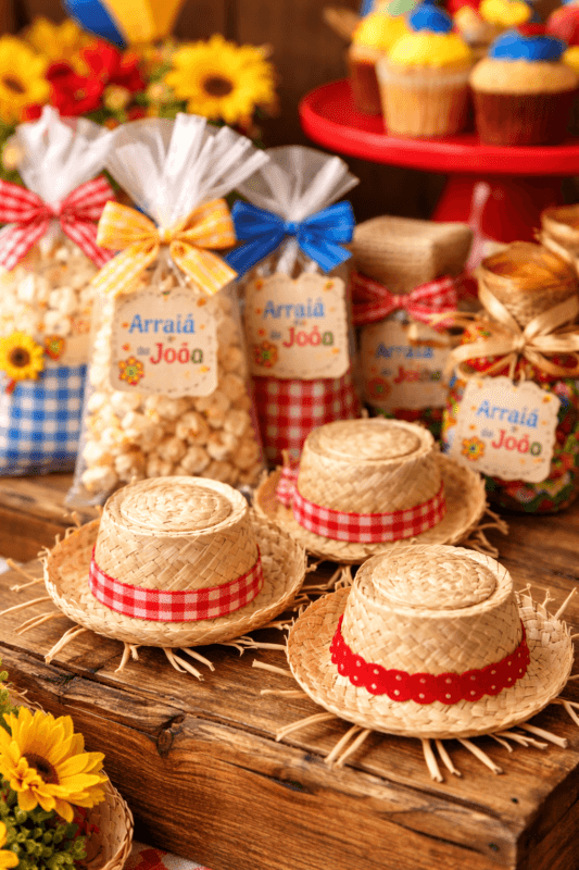 mesa de doces junina decorada com bandeirinhas chapéu de palha e elementos rústicos