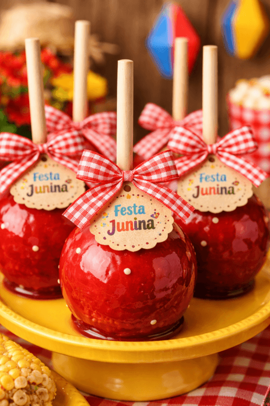 mesa de doces junina com paçoca pé de moleque canjica e maçã do amor organizada de forma atrativa