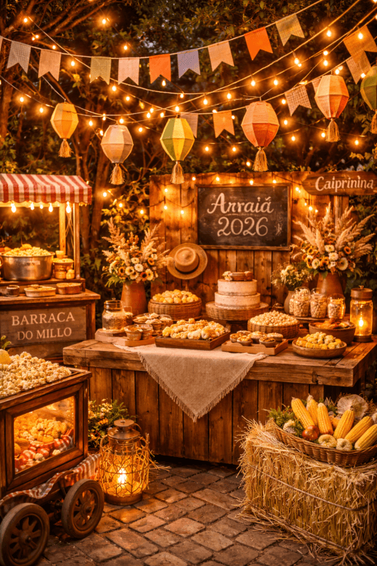 decoração festa junina 2026 com iluminação quente pisca pisca e ambiente sensorial com elementos típicos