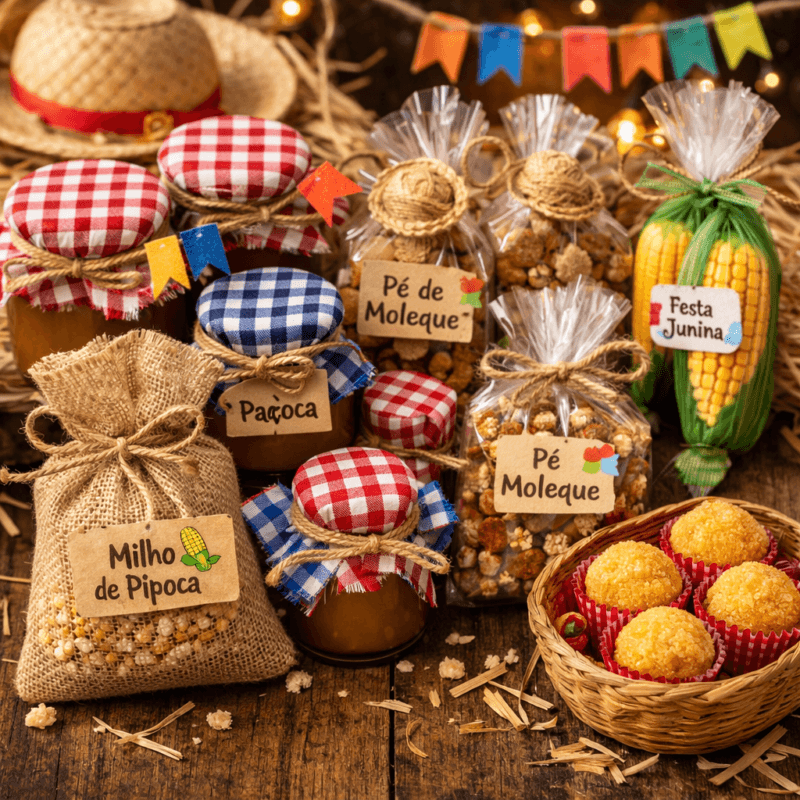 lembrancinhas festa junina com doces típicos embalados de forma artesanal e decorativa