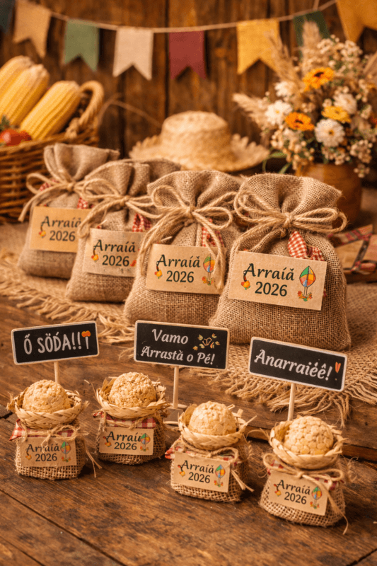 decoração festa junina 2026 com lembrancinhas personalizadas e detalhes artesanais feitos à mão