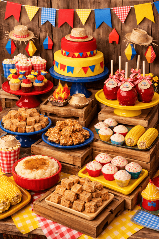decoração mesa de doces junina com caixotes de madeira bandejas e suportes variados