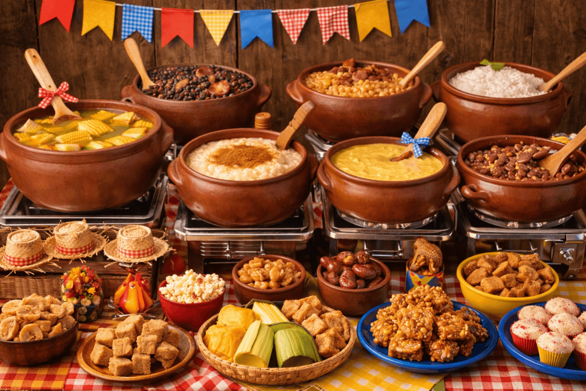 disposição estratégica de doces em mesa junina com organização visual harmoniosa