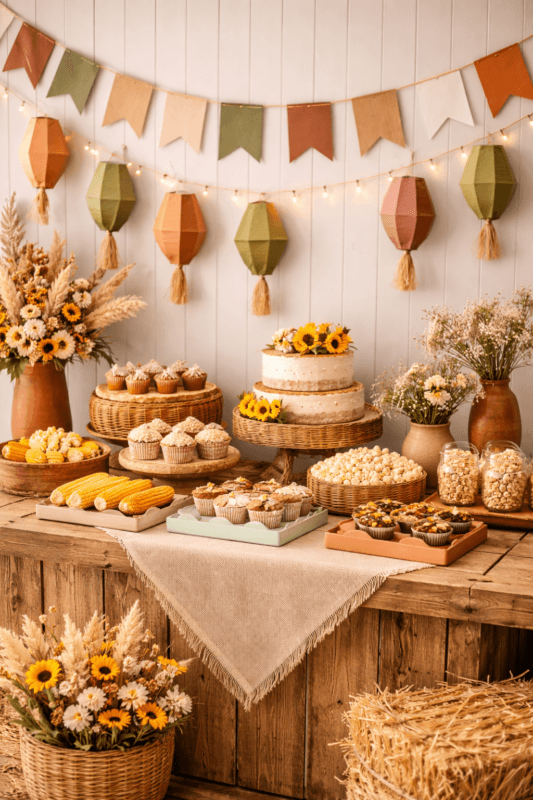 decoração festa junina 2026 com cores modernas como terracota bege verde oliva e tons pastel