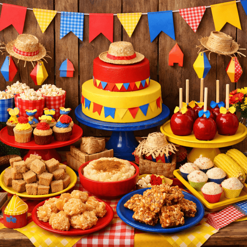 mesa de doces junina com paleta de cores vermelho amarelo e azul decoração temática festa junina