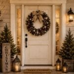 Imagem ilustrativa da guirlanda preta aplicada em porta, mostrando uma sugestão de uso para decoração de Halloween, Natal moderno ou ambientes temáticos.