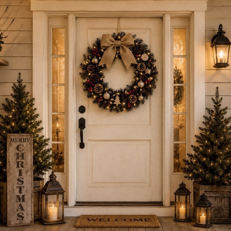 Imagem ilustrativa da guirlanda preta aplicada em porta, mostrando uma sugestão de uso para decoração de Halloween, Natal moderno ou ambientes temáticos.