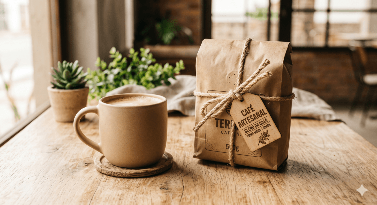 Fotografia editorial de uma caneca de cerâmica fosca em tom areia ao lado de um pacote de café artesanal amarrado com corda de sisal e uma tag de madeira.
