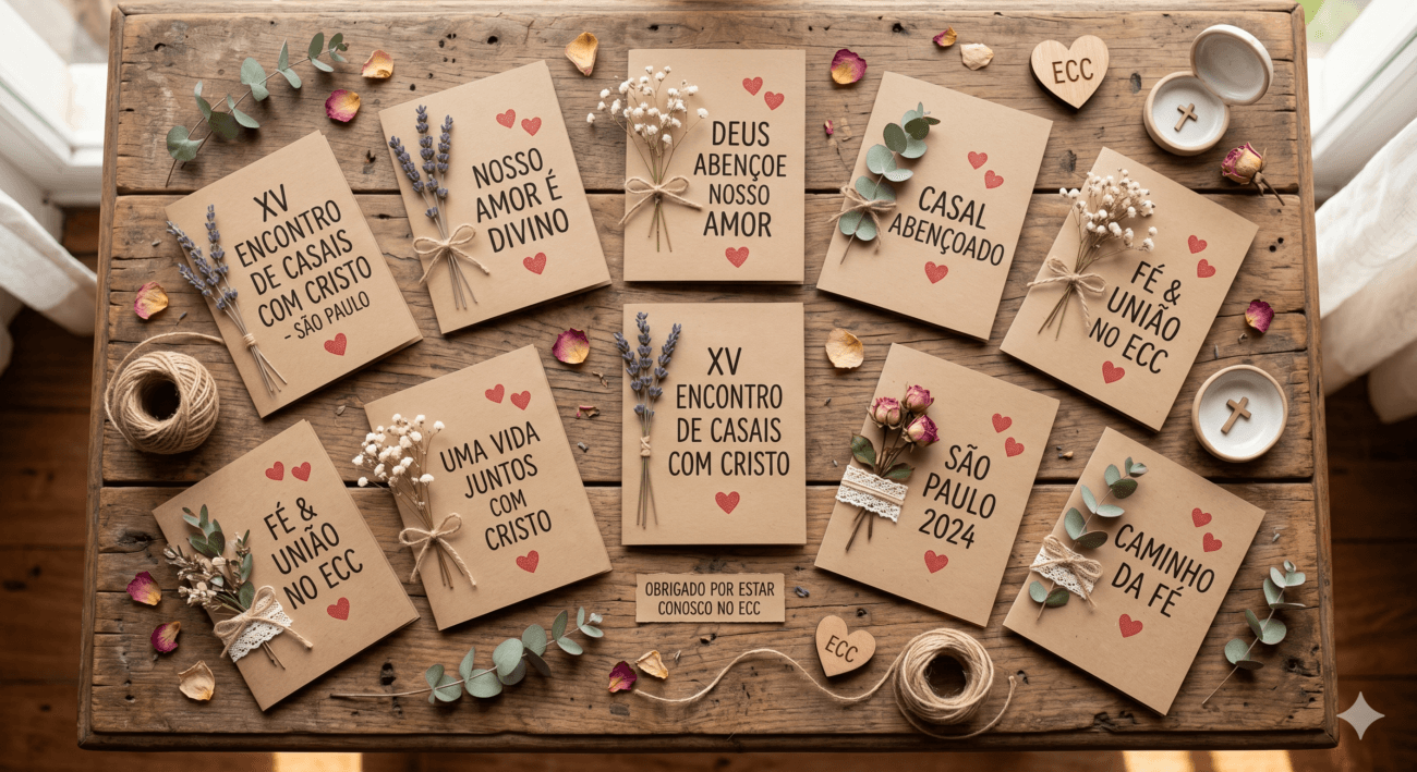 Imagem flat lay de pequenos cartões de papel kraft com corações e mensagens para o casal, QUE FOI AO ENCONTRO DE CASAIS COM CRISTO decorados com raminhos de flores secas sobre mesa de madeira.