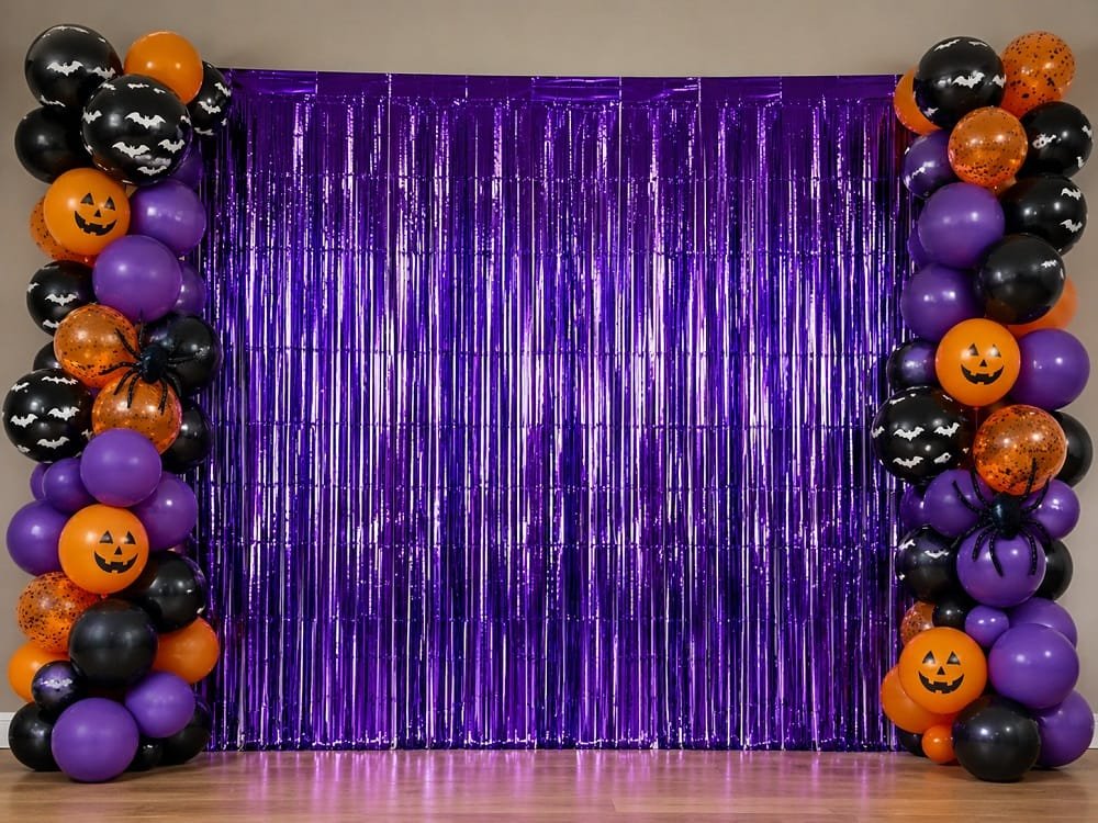 Painel decorativo de Halloween com cortina metalizada roxa brilhante utilizada como fundo para fotos e decoração temática.