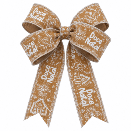Fita decorativa natalina aramada com estampas gingerbread utilizada na criação de laços volumosos para decoração de Natal.