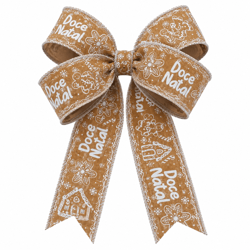 Fita decorativa natalina aramada com estampas gingerbread utilizada na criação de laços volumosos para decoração de Natal.