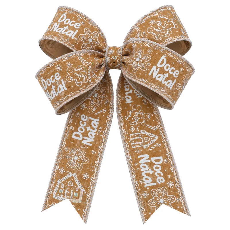 Fita decorativa natalina aramada com estampas gingerbread utilizada na criação de laços volumosos para decoração de Natal.
