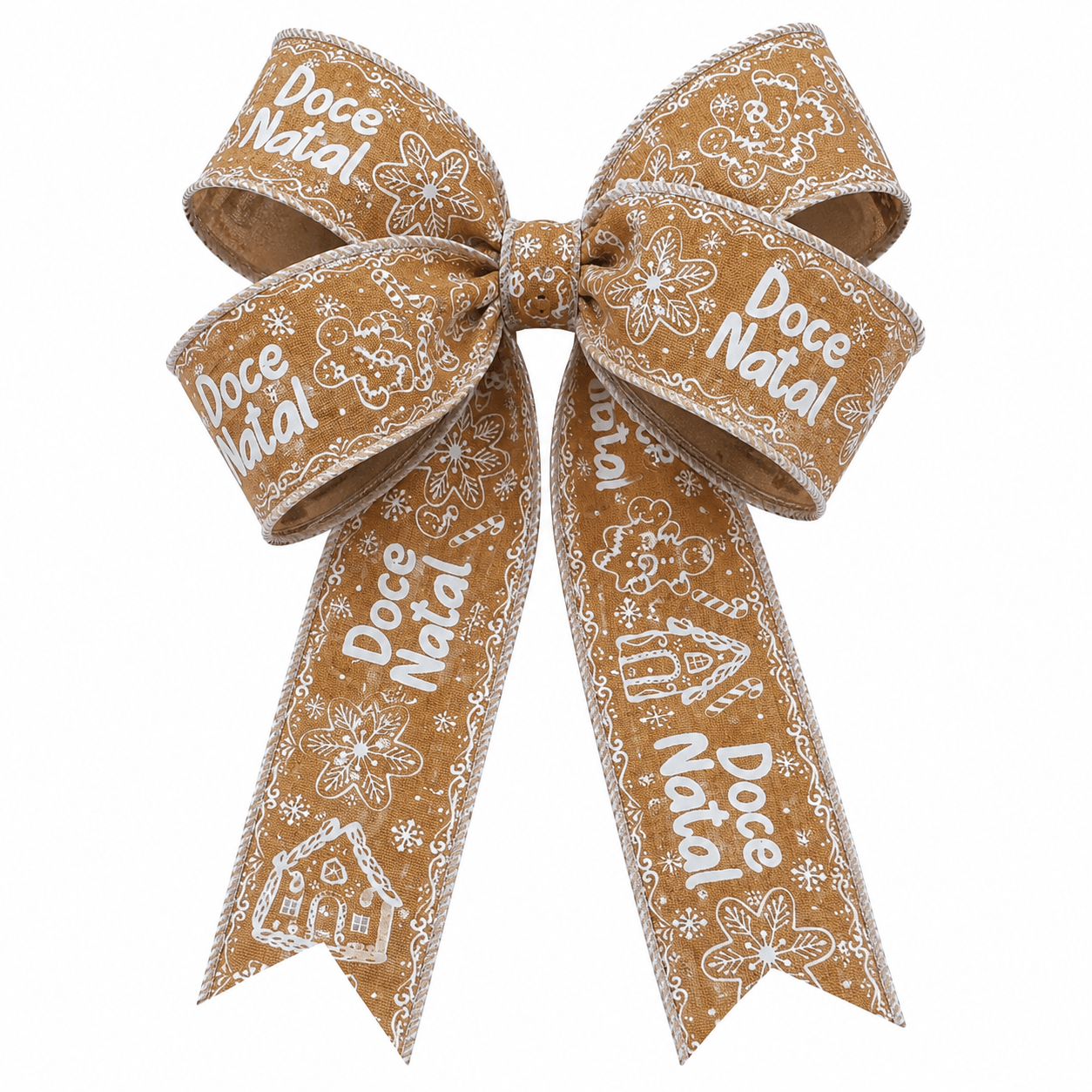 Fita Natalina Aramada Gingerbread para Laços Decorativos Fita decorativa natalina aramada com estampas gingerbread utilizada na criação de laços volumosos para decoração de Natal.