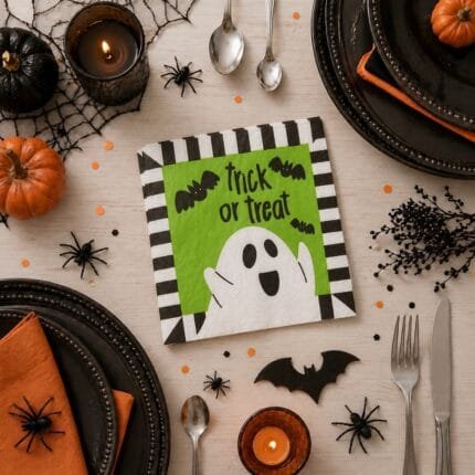 Guardanapo decorado de Halloween com estampa de casa assombrada ideal para mesa posta temática e festas criativas.