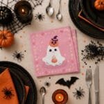 Modelo de guardanapo de papel Halloween com abóboras iluminadas e visual elegante para decoração temática.