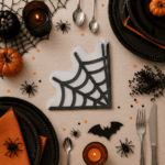 Guardanapo decorativo de Halloween utilizado em mesa posta temática sofisticada para festas e confraternizações.