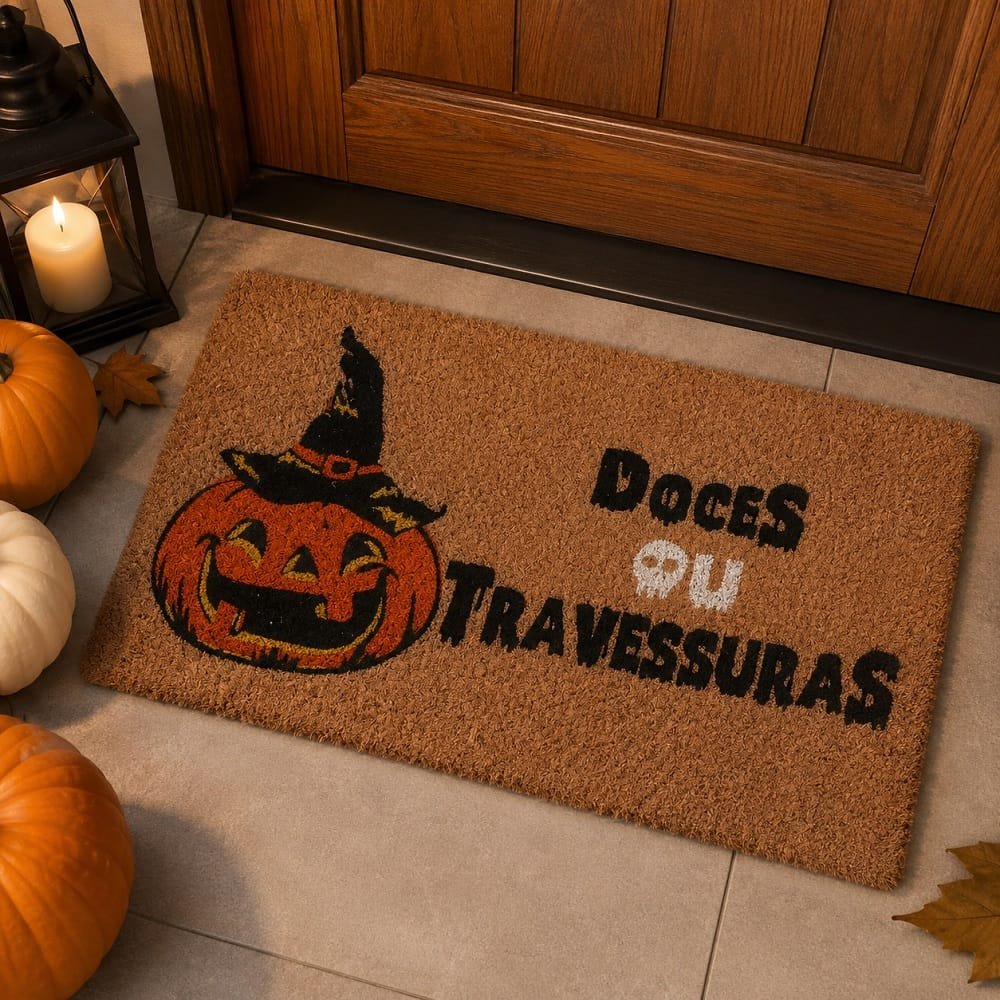 Capacho Doces ou Travessuras para porta Tapete capacho temático para porta de entrada, ideal para decorar casas, apartamentos, halls e varandas cobertas no Halloween.
