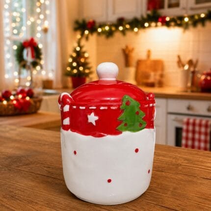 Pote em cerâmica com estampa natalina e tampa prática, ideal para decoração e uso diário.
