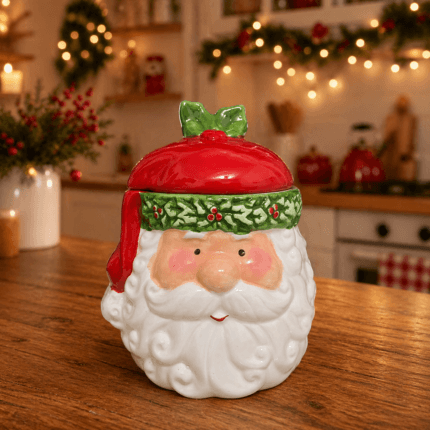 Pote decorativo em formato de Papai Noel, ideal para cozinha natalina charmosa.