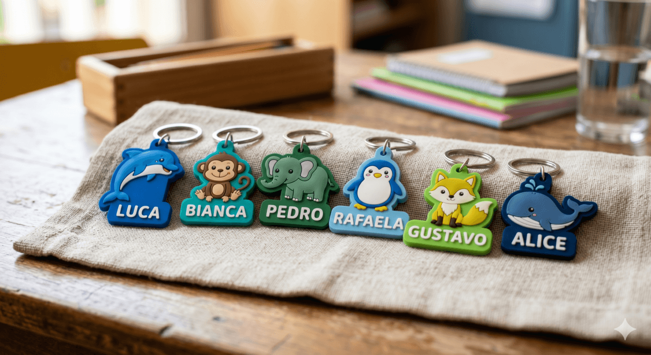 Imagem focada em chaveiros emborrachados em tons de azul e verde com desenhos divertidos de animais e o nome de cada aluno, dispostos sobre um tecido de linho.
