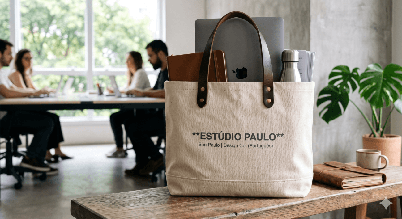 Fotografia de uma ecobag de alta gramatura com alças de couro, apresentando um design minimalista e estético para uso profissional diário.