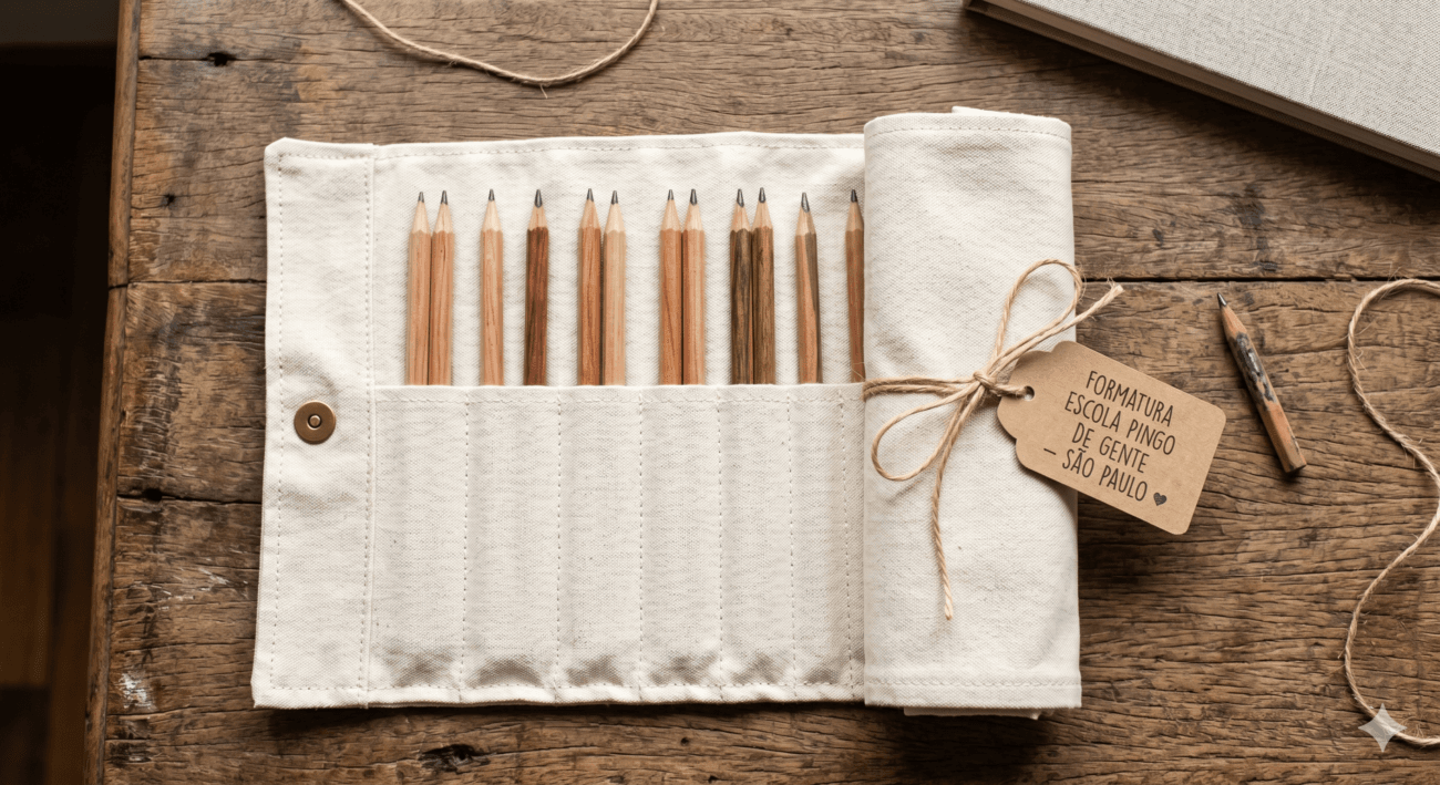 Imagem flat lay de um estojo de enrolar em tecido cru contendo lápis de madeira natural, posicionado sobre uma mesa de madeira rústica. Laço de cisal e tag escrito: formatura escola pingo de gente