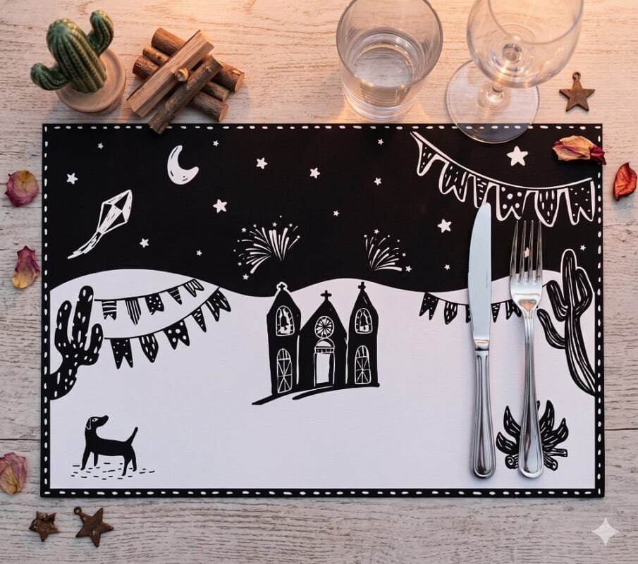 Lugar americano temático de Festa Junina estilo cordel para mesa posta decorativa de São João.