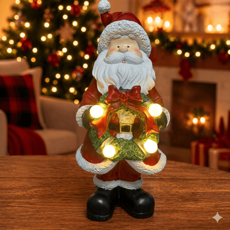 Papai Noel em resina segurando guirlanda iluminada, ideal para decoração natalina sofisticada.