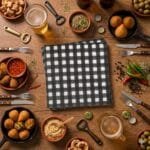 Guardanapo xadrez preto e branco decorativo ideal para mesa posta elegante e festas temáticas.