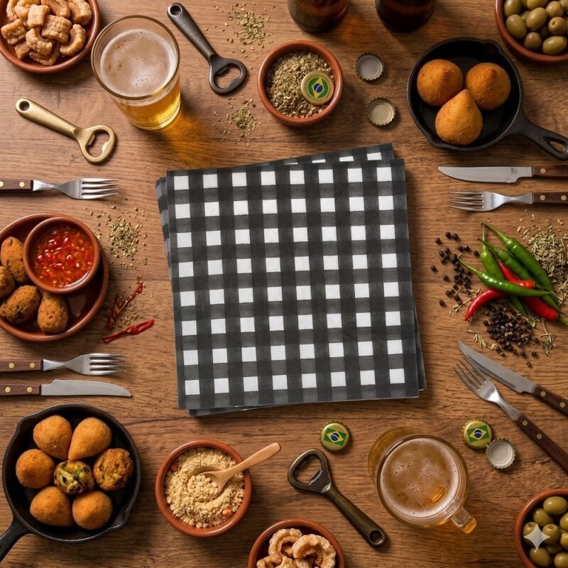 Guardanapo xadrez preto e branco decorativo ideal para mesa posta elegante e festas temáticas.