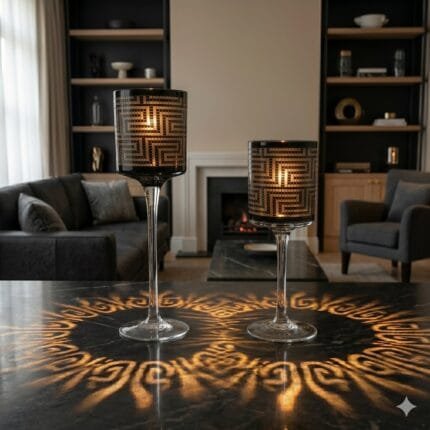 Conjunto com dois castiçais de vidro geométrico em preto e dourado, ideal para decoração sofisticada.