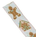 Fita decorativa natalina aramada com estampas gingerbread utilizada na criação de laços volumosos para decoração de Natal.
