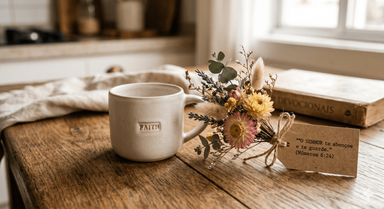 Fotografia editorial de uma pequena caneca de cerâmica fosca ao lado de um mini buquê de flores secas e uma tag de papel kraft com um versículo bíblico curto.