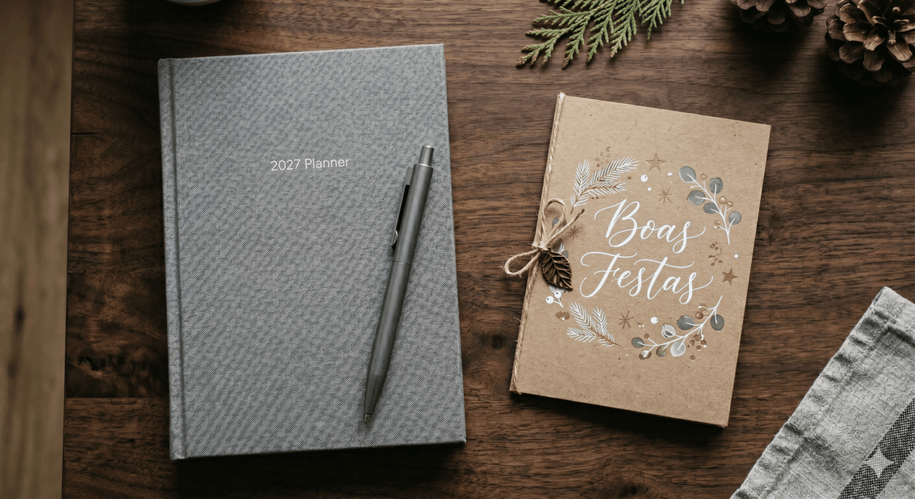 Imagem flat lay de uma agenda com capa de linho cinza, uma caneta de metal fosco e um cartão de boas festas em papel kraft sobre uma mesa de madeira escura.