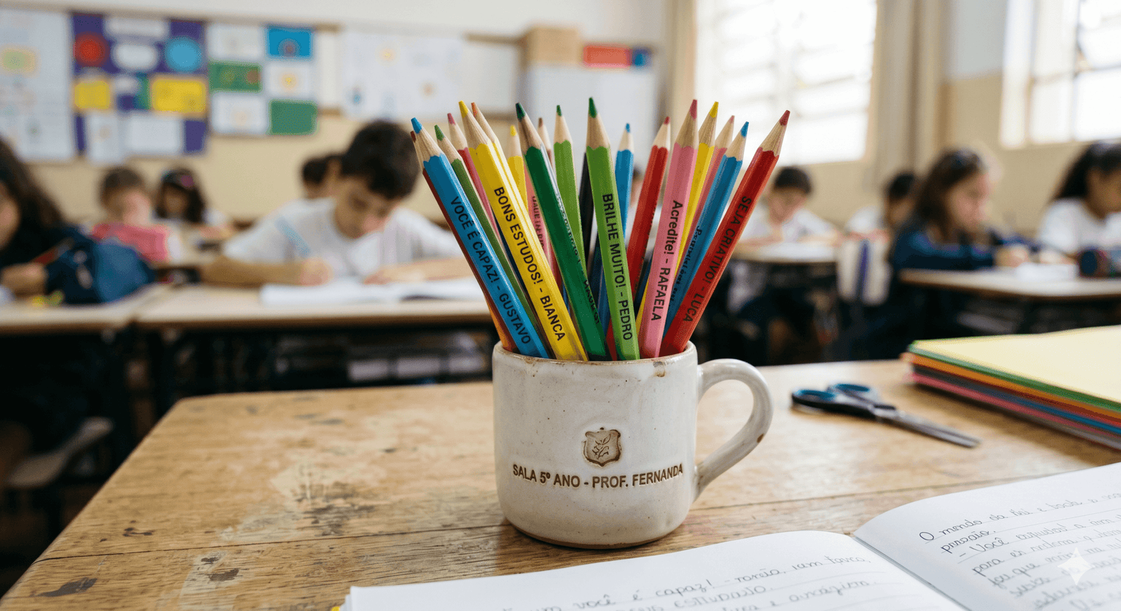  Fotografia editorial de uma pequena caneca de cerâmica fosca preenchida com lápis coloridos personalizados com mensagens de encorajamento e o nome de cada aluno.