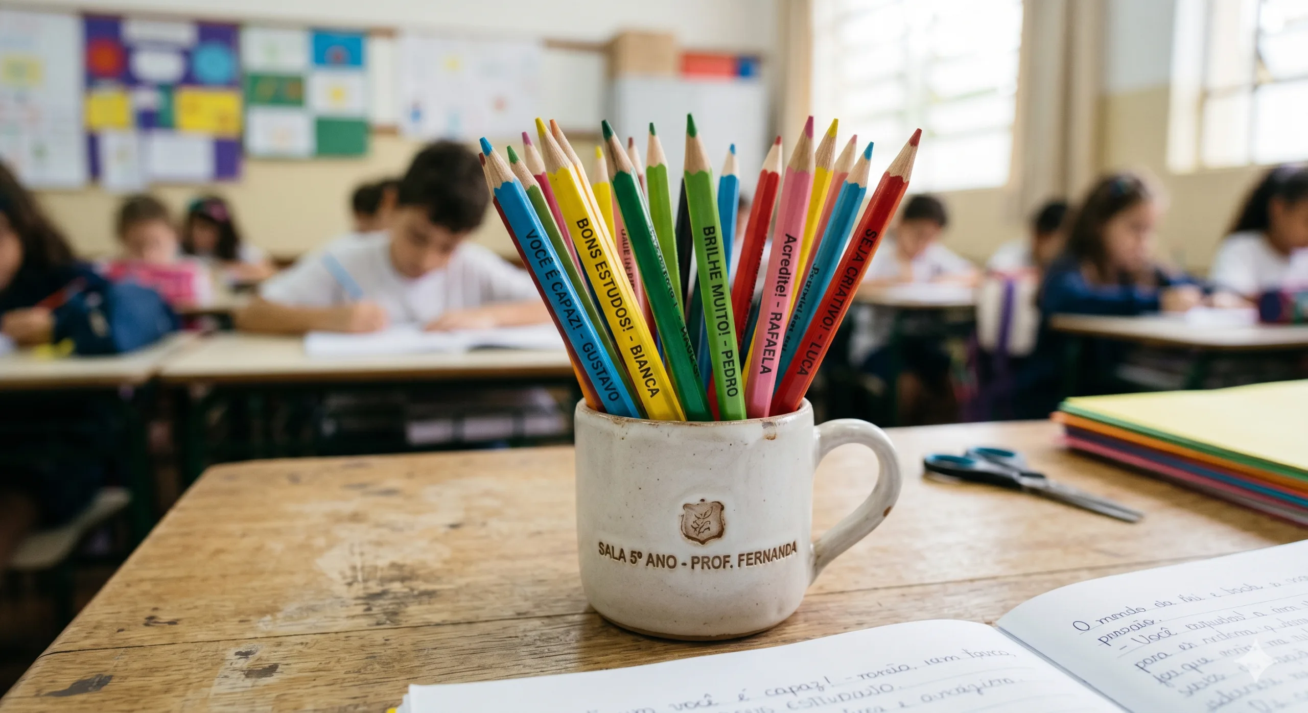  Fotografia editorial de uma pequena caneca de cerâmica fosca preenchida com lápis coloridos personalizados com mensagens de encorajamento e o nome de cada aluno.