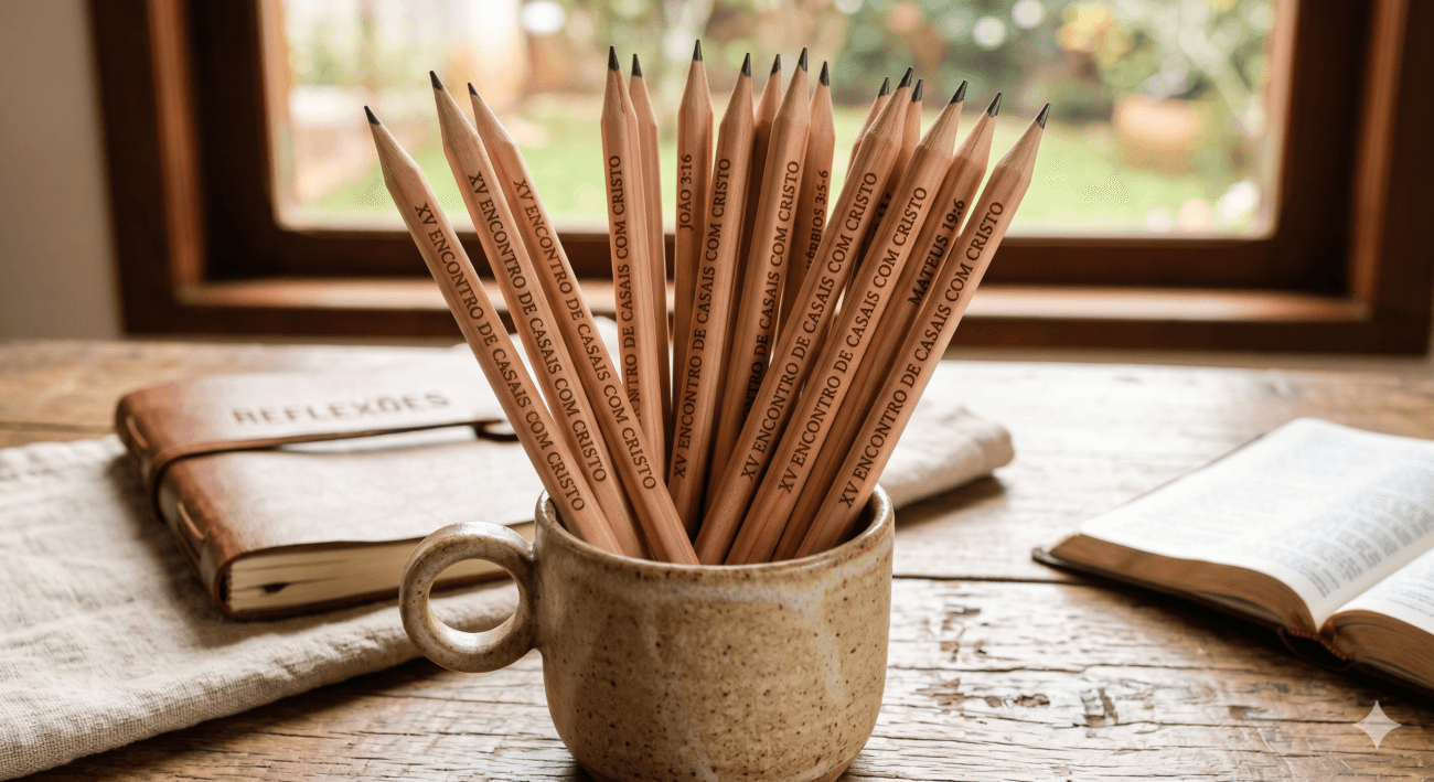 Close-up de um conjunto de lápis de madeira natural personalizados com referências bíblicas gravadas, dispostos dentro de uma caneca de cerâmica fosca em tom areia.